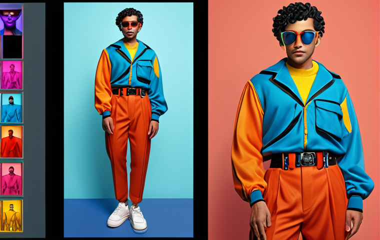 A unique AI-generated character wearing stylish, original clothing, showcasing heavy Photoshop retouching with vibrant and altered color palettes, a personalized backstory influencing its distinct appearance, set against a backdrop that highlights this character's individual narrative, avoiding any resemblance to existing copyrighted characters.