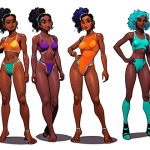 A vibrant character design reference board overflowing with online and offline scraps, showcasing diverse styles, color palettes (with RGB values noted), and dynamic poses (with descriptive keywords). The board reflects a personalized artistic style.