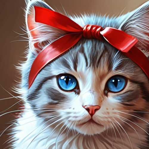 Home 20 **Prompt:** Cute cat character, blue eyes, red ribbon, digital painting style, detailed brushstrokes.