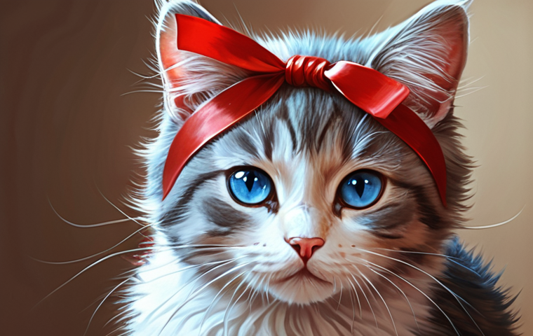 **Prompt:** Cute cat character, blue eyes, red ribbon, digital painting style, detailed brushstrokes.