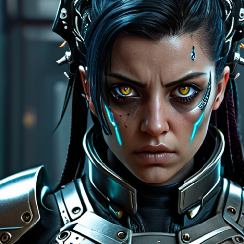 Home 9 A cyberpunk female warrior character with intense eyes and metallic armor.