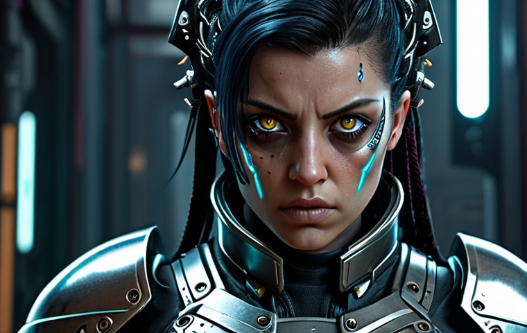 A cyberpunk female warrior character with intense eyes and metallic armor.