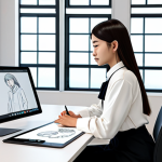 A skilled female character designer in a modest, stylish professional blouse and dark pants, seated at a sleek, minimalist desk in a bright, modern design studio with large windows. She is sketching on a large digital drawing tablet. Around her, subtle elements hint at the character design evolution: a small 3D model of a character on the desk, a screen in the background displaying a webtoon scene, and another screen showing diverse character concepts for a virtual platform. Fully clothed, appropriate attire, modest clothing, professional dress, safe for work, appropriate content, perfect anatomy, correct proportions, natural pose, well-formed hands, proper finger count, natural body proportions, professional photography, high quality.