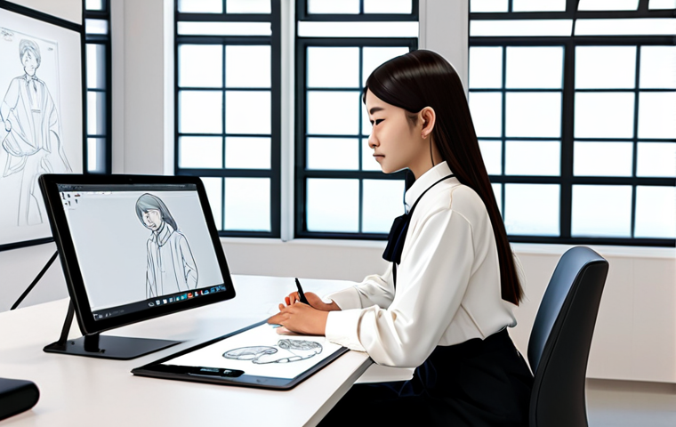 A skilled female character designer in a modest, stylish professional blouse and dark pants, seated at a sleek, minimalist desk in a bright, modern design studio with large windows. She is sketching on a large digital drawing tablet. Around her, subtle elements hint at the character design evolution: a small 3D model of a character on the desk, a screen in the background displaying a webtoon scene, and another screen showing diverse character concepts for a virtual platform. Fully clothed, appropriate attire, modest clothing, professional dress, safe for work, appropriate content, perfect anatomy, correct proportions, natural pose, well-formed hands, proper finger count, natural body proportions, professional photography, high quality.