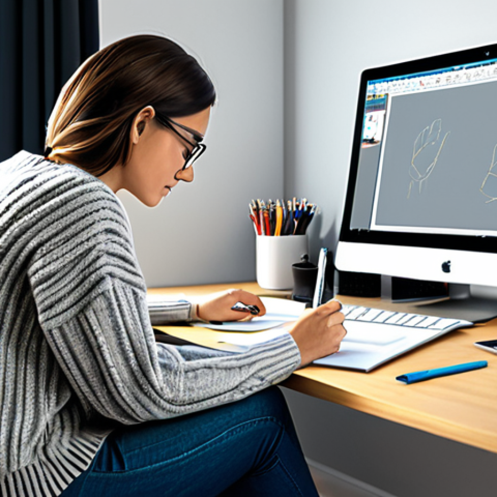 Digital Artist at Work**

A digital artist, fully clothed in a comfortable sweater and jeans, sits at a desk with a large monitor displaying digital artwork. She is using a stylus on a drawing tablet. The background is a bright, modern home studio with art supplies and motivational posters. Safe for work, appropriate content, professional, fully clothed, perfect anatomy, correct proportions, well-formed hands, natural pose.

**
