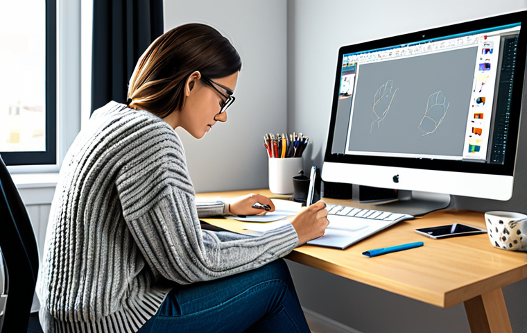 Digital Artist at Work**
A digital artist, fully clothed in a comfortable sweater and jeans, sits at a desk with a large monitor displaying digital artwork. She is using a stylus on a drawing tablet. The background is a bright, modern home studio with art supplies and motivational posters. Safe for work, appropriate content, professional, fully clothed, perfect anatomy, correct proportions, well-formed hands, natural pose.
**