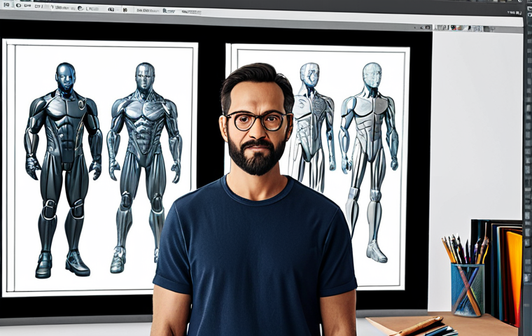 캐릭터디자인 자격증 필기 시험 FAQ - "A confident character designer in a brightly lit studio, surrounded by sketches and digital art too...