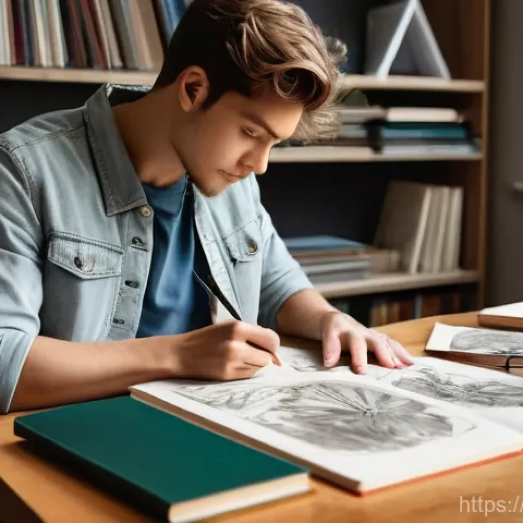 캐릭터디자인 학습을 위한 독서 목록 - **A Focused Character Designer Mastering Fundamentals:** A young, dedicated character designer, wear...