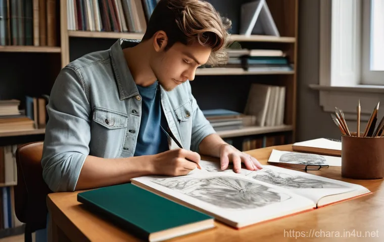 캐릭터디자인 학습을 위한 독서 목록 - **A Focused Character Designer Mastering Fundamentals:** A young, dedicated character designer, wear...