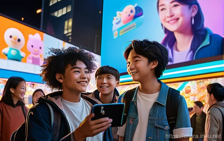 캐릭터디자인과 제품 디자인의 관계 - A vibrant, diverse group of people of various ages and ethnicities, smiling and engaging with a disp...