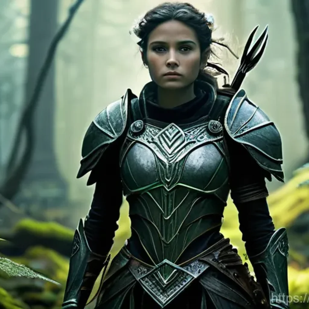 캐릭터디자이너로서의 포트폴리오 개선 팁 - **A Story-Driven Female Forest Guardian:** A brave, determined young woman, fully clothed in practic...