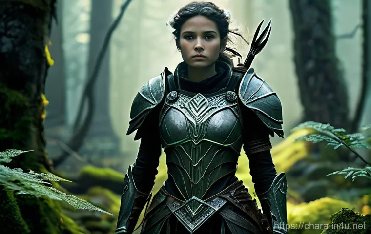 캐릭터디자이너로서의 포트폴리오 개선 팁 - **A Story-Driven Female Forest Guardian:** A brave, determined young woman, fully clothed in practic...