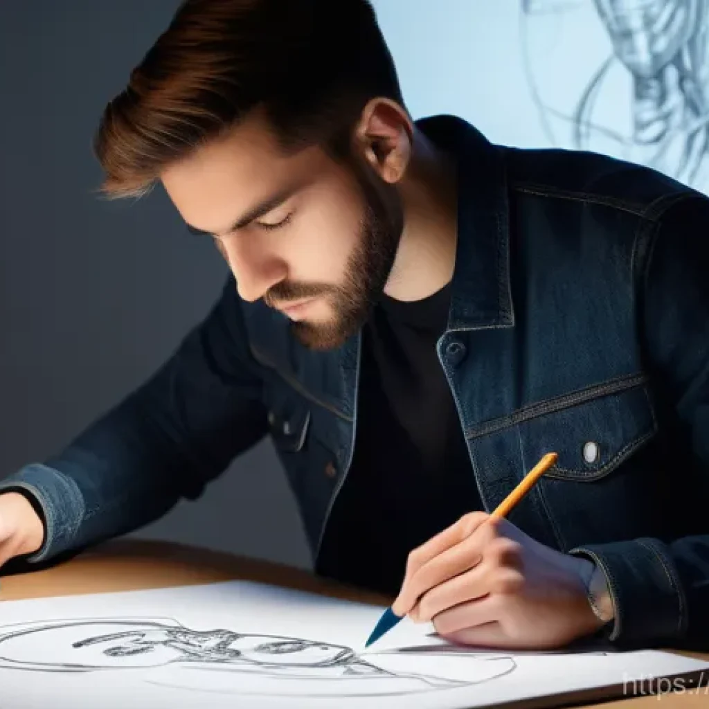 캐릭터디자인 학습을 위한 실전 연습 방법 - A focused young character designer, in their late 20s, actively practicing digital drawing on a larg...