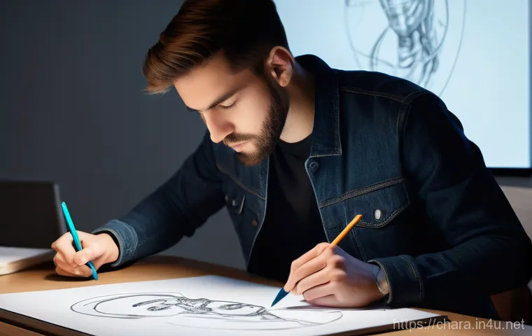 캐릭터디자인 학습을 위한 실전 연습 방법 - A focused young character designer, in their late 20s, actively practicing digital drawing on a larg...