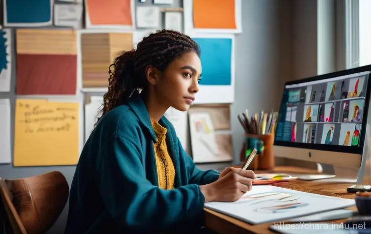 캐릭터디자인 학습을 위한 실전 연습 방법 - A focused young character designer, in their late 20s, actively practicing digital drawing on a larg...