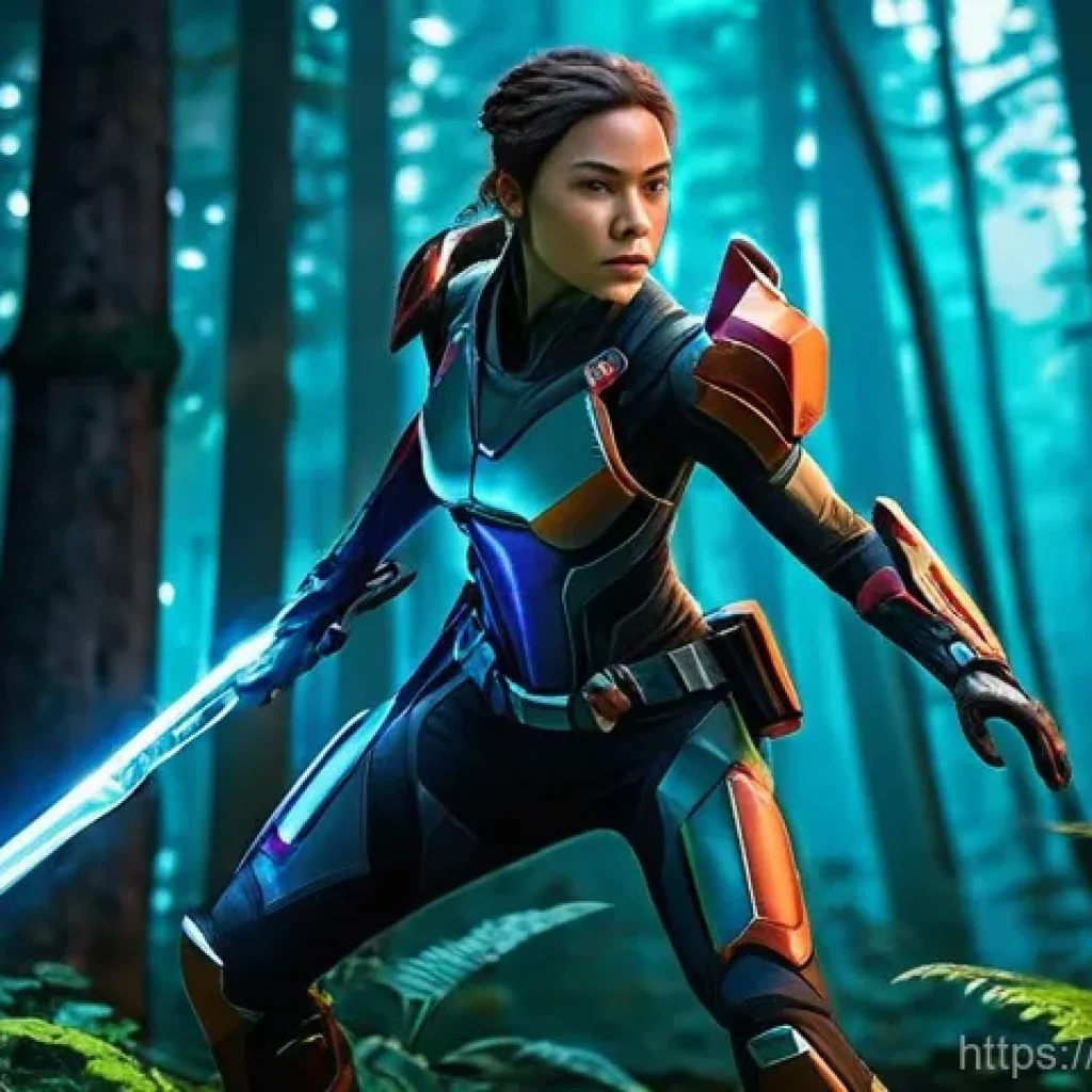 캐릭터디자인 관련 학과 추천 - **"A determined female game protagonist, mid-action, wielding a glowing futuristic sword in a vibran...