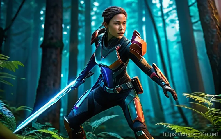 캐릭터디자인 관련 학과 추천 - **"A determined female game protagonist, mid-action, wielding a glowing futuristic sword in a vibran...