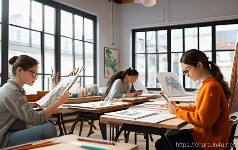 캐릭터디자인 실기 시험 대비 체크리스트 - **Fundamental Drawing Skills & Character Emotion:** A vibrant art studio filled with warm, natural l...