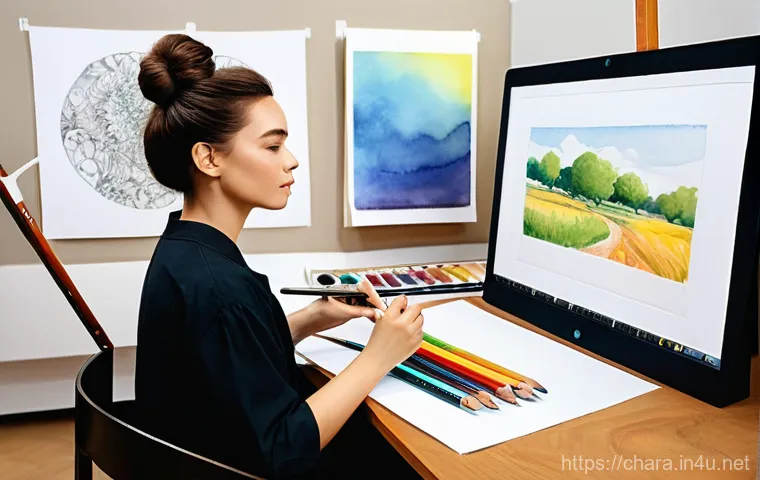 캐릭터디자인 실기 시험 대비 체크리스트 - **Fundamental Drawing Skills & Character Emotion:** A vibrant art studio filled with warm, natural l...