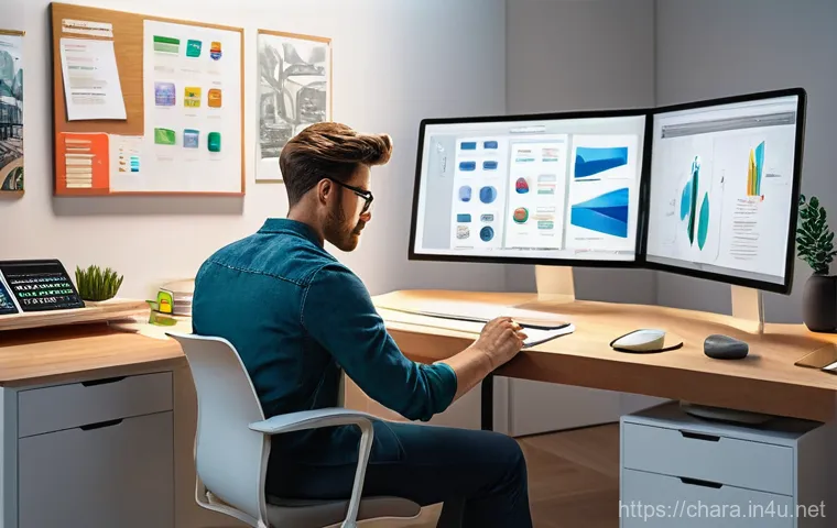 캐릭터디자인 자격증 취득 실패 사례와 교훈 - A young, determined character designer, mid-20s, wearing smart casual attire, stands in a modern, br...