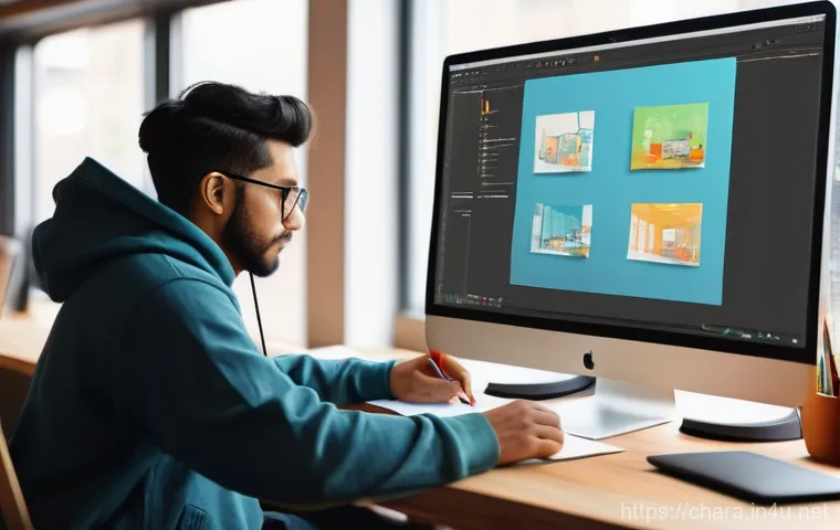 캐릭터디자인 자격증 취득 실패 사례와 교훈 - A young, determined character designer, mid-20s, wearing smart casual attire, stands in a modern, br...