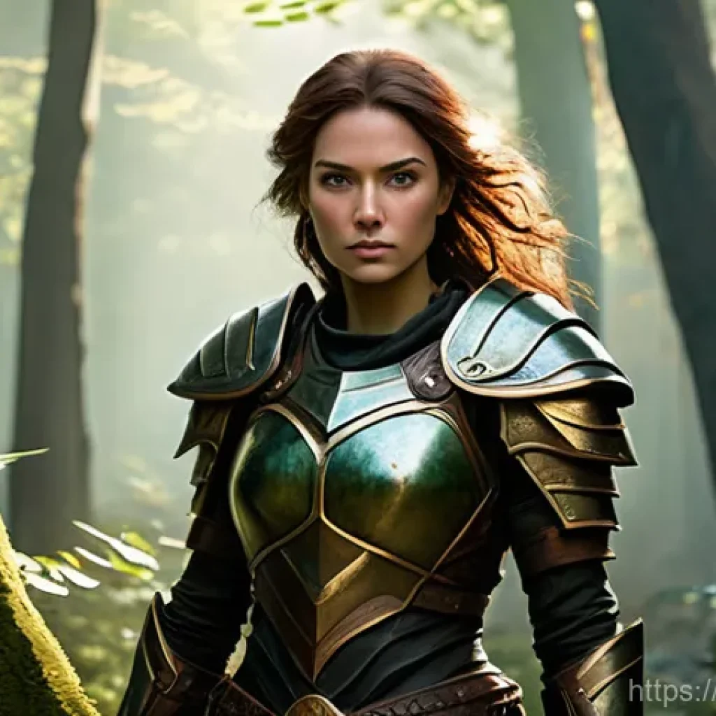 캐릭터디자인 구체화 과정에서의 팁 - **A Battle-Scarred Female Warrior in a Mystical Forest.**
    A full-body digital painting of a stro...