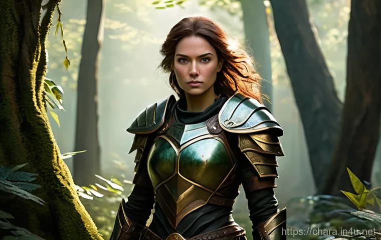 캐릭터디자인 구체화 과정에서의 팁 - **A Battle-Scarred Female Warrior in a Mystical Forest.**
    A full-body digital painting of a stro...