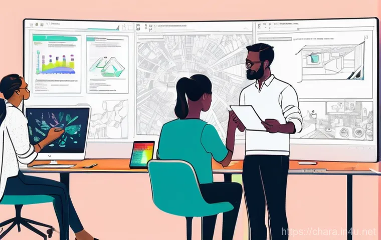 캐릭터디자인 협업툴 추천 - **Prompt 1: Collaborative Character Design Session with Digital Tools**
    "A diverse team of four ...