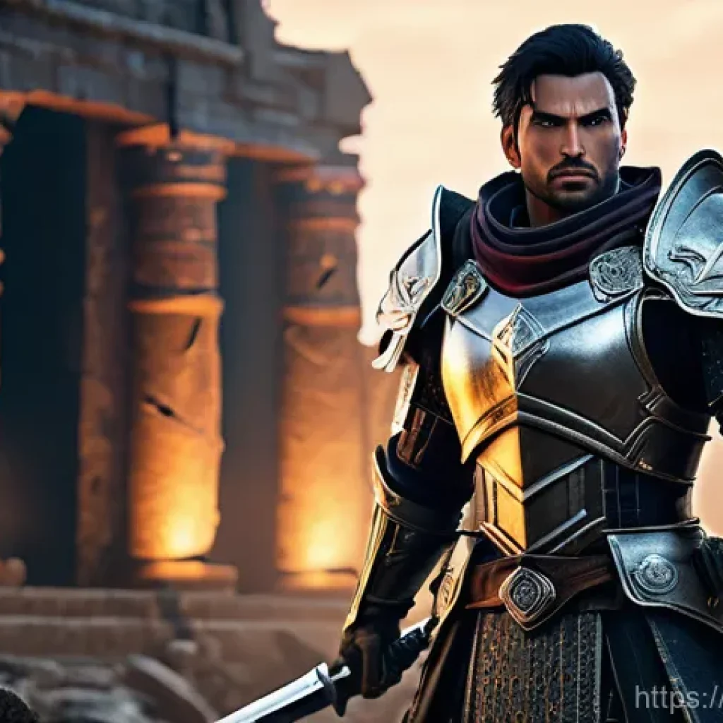 캐릭터디자인과 3D 모델링의 차이점 - A highly detailed 3D rendered male game character, inspired by action RPGs. He has intricate armor p...