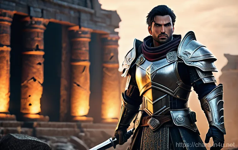 캐릭터디자인과 3D 모델링의 차이점 - A highly detailed 3D rendered male game character, inspired by action RPGs. He has intricate armor p...