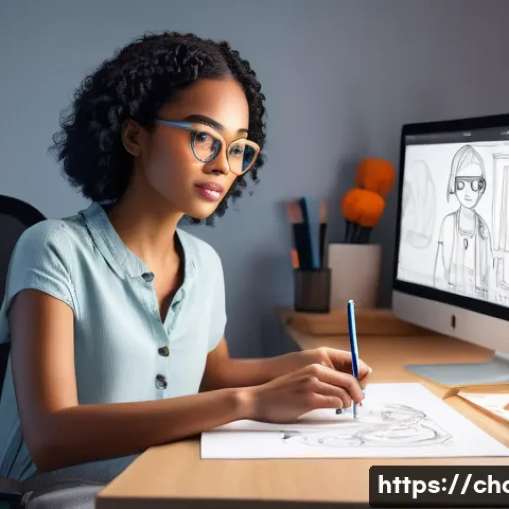 캐릭터디자인 관련 자료 정리 및 공유 - A whimsical character designer, a woman in her late 20s with creative spectacles and a comfortable, ...