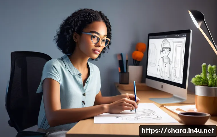 캐릭터디자인 관련 자료 정리 및 공유 - A whimsical character designer, a woman in her late 20s with creative spectacles and a comfortable, ...
