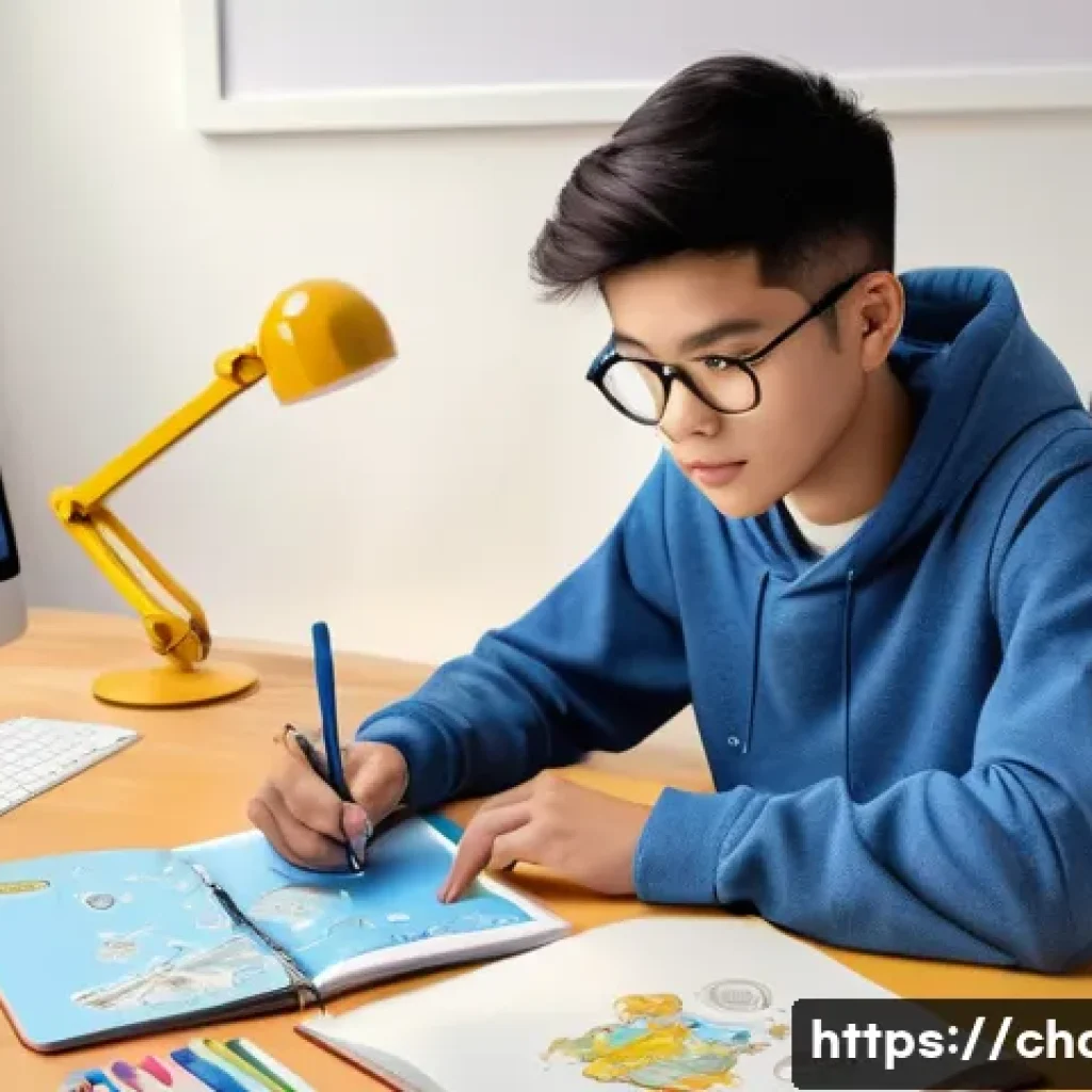 캐릭터디자인 자격증 학습 계획 작성법 - **The Aspiring Creator's Digital Canvas:** A young, determined character design student, age late te...