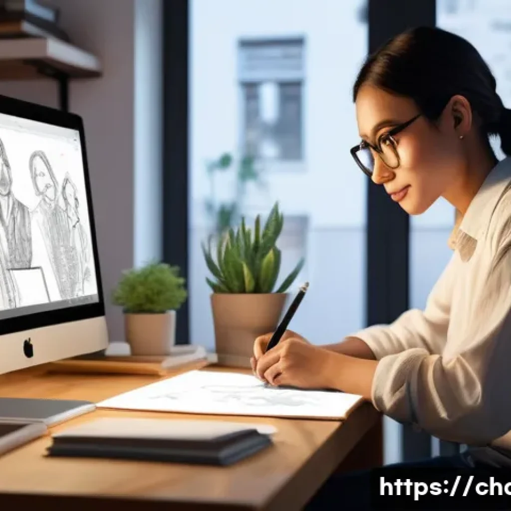 캐릭터디자인 직무에서 성공적인 커리어 전환 사례 - A focused and passionate character designer, gender-neutral and in their late 20s, sitting comfortab...