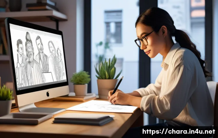 캐릭터디자인 직무에서 성공적인 커리어 전환 사례 - A focused and passionate character designer, gender-neutral and in their late 20s, sitting comfortab...