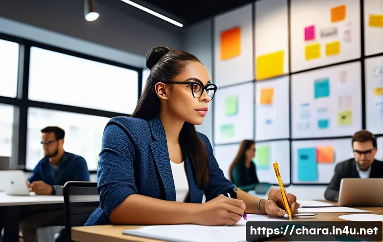 캐릭터디자이너로서의 커뮤니케이션 전략 - A professional character designer in a modern office setting, attentively listening and taking notes...