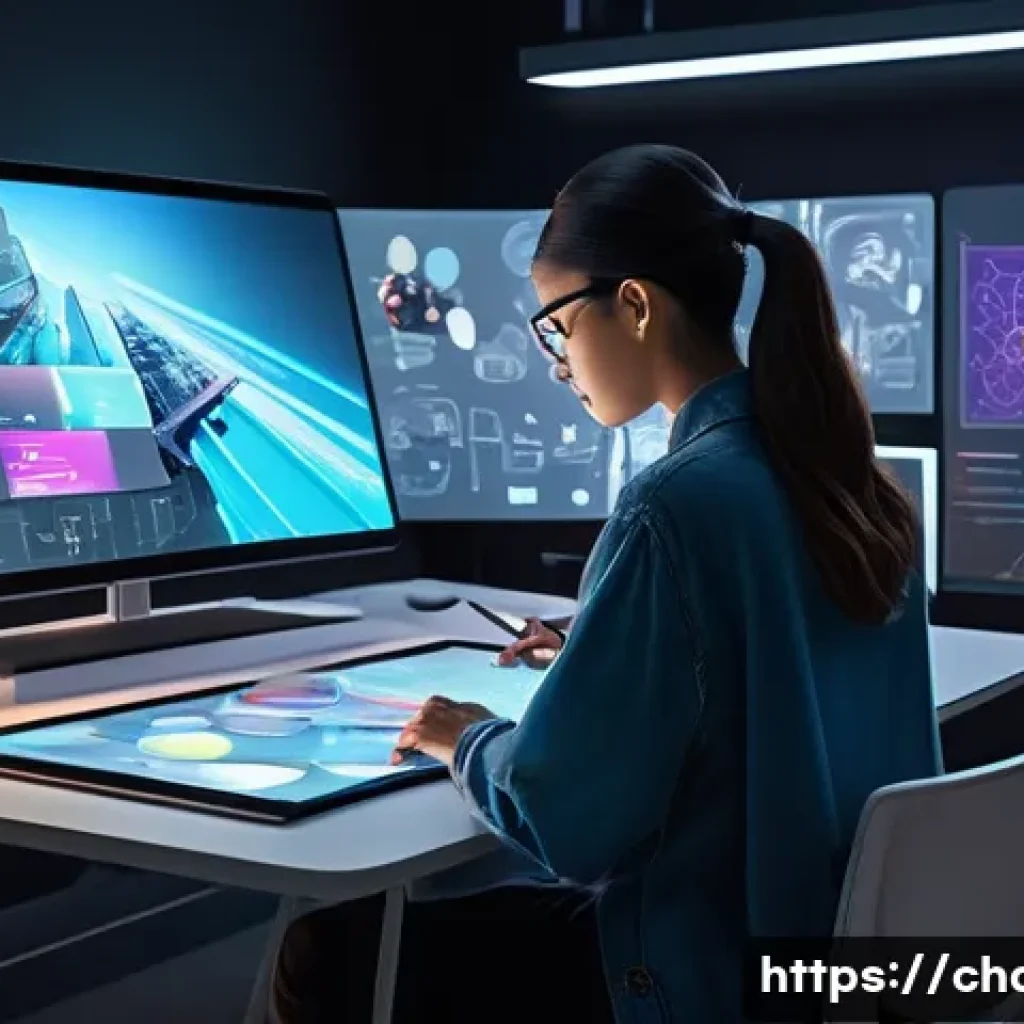 캐릭터디자인 학습에서 AI 기술 활용하기 - A futuristic artist’s studio where a digital AI assistant collaborates with a human designer on char...