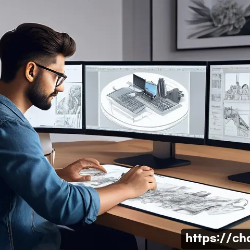 캐릭터디자인 직무 멘토링 경험담 - A professional character designer working in a modern studio, surrounded by multiple screens display...