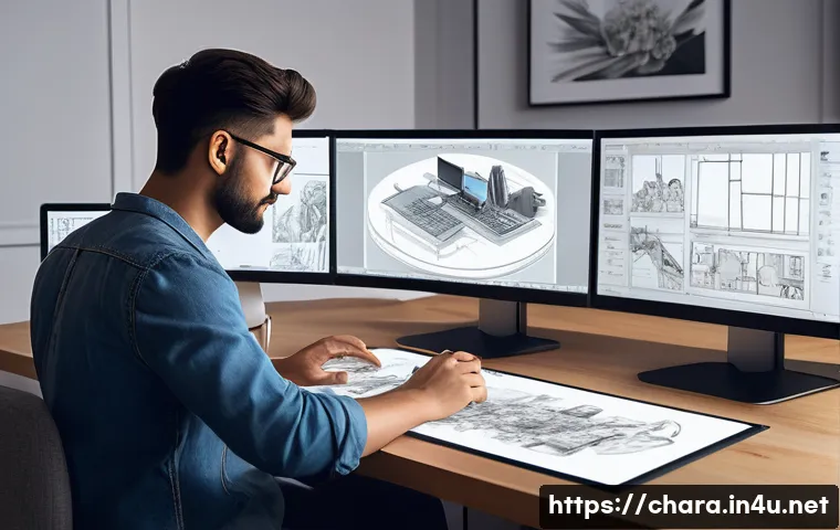 캐릭터디자인 직무 멘토링 경험담 - A professional character designer working in a modern studio, surrounded by multiple screens display...