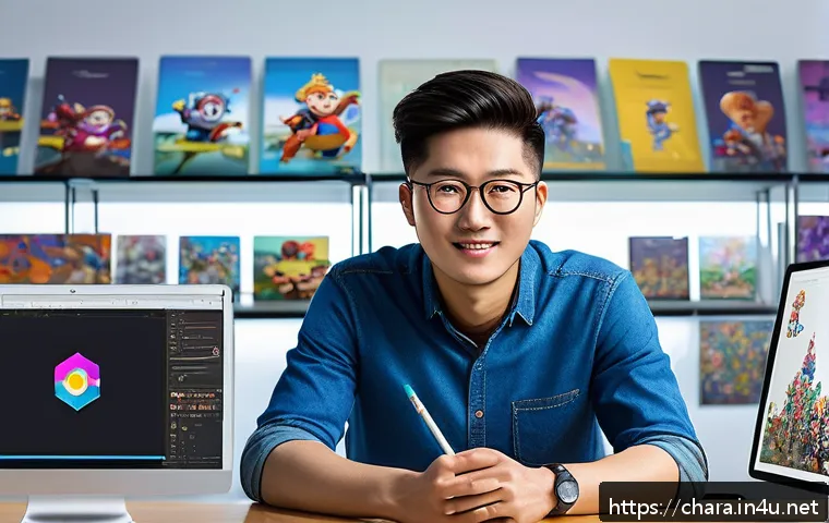 캐릭터디자인 자격증 취득 후 진로 선택 방법 - A dynamic character designer working in a modern animation studio, surrounded by multiple digital sc...