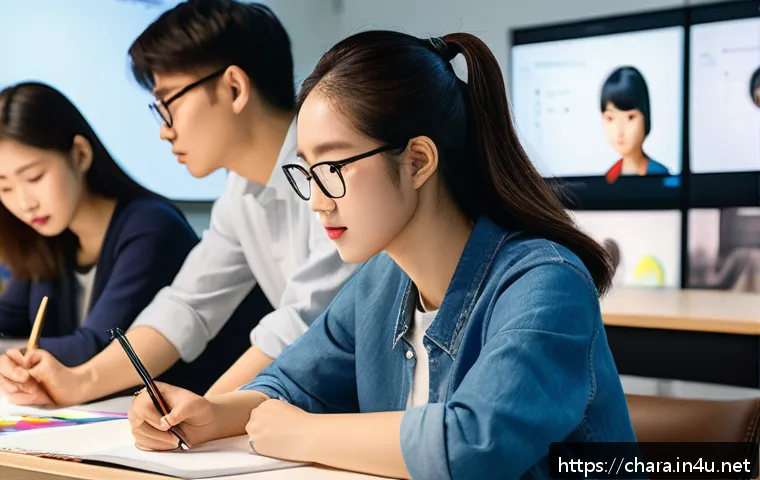 캐릭터디자인 협회 및 네트워크 활용법 - A professional character design workshop scene featuring diverse designers attentively learning from...