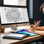캐릭터디자인 관련 강의 및 세미나 후기 - A professional character designer’s workspace featuring a sleek digital drawing tablet, dual monitor...