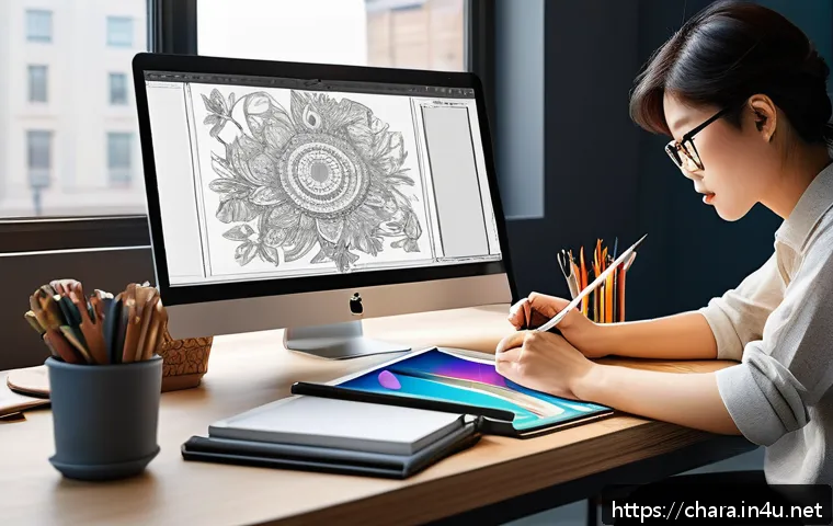 캐릭터디자인 관련 강의 및 세미나 후기 - A professional character designer’s workspace featuring a sleek digital drawing tablet, dual monitor...