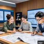 캐릭터디자인 직무에서의 협력과 갈등 해결 - A diverse creative team collaborating in a bright, modern design studio filled with sketches and dig...