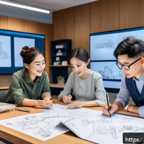 캐릭터디자인 직무에서의 협력과 갈등 해결 - A diverse creative team collaborating in a bright, modern design studio filled with sketches and dig...