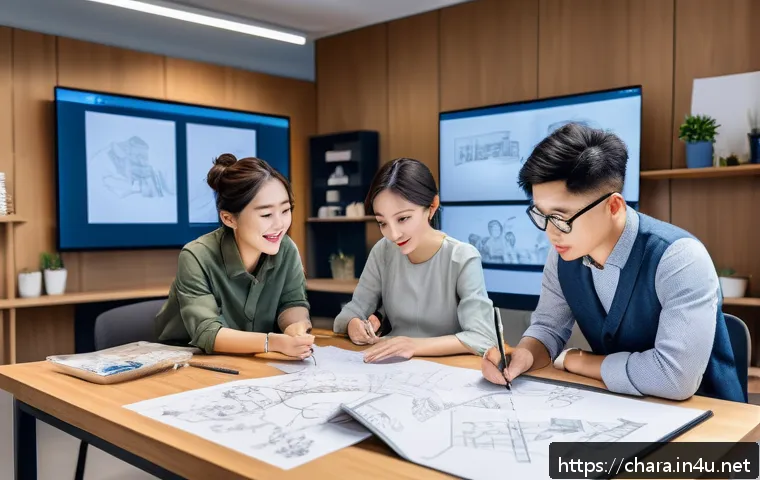 캐릭터디자인 직무에서의 협력과 갈등 해결 - A diverse creative team collaborating in a bright, modern design studio filled with sketches and dig...