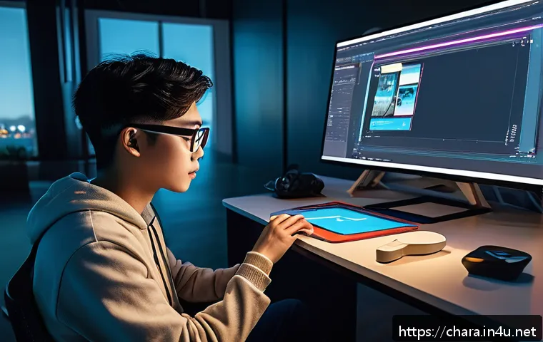 캐릭터디자이너로서 시장 가치를 높이는 법 - A futuristic digital artist workspace showcasing a character designer at work, surrounded by multipl...