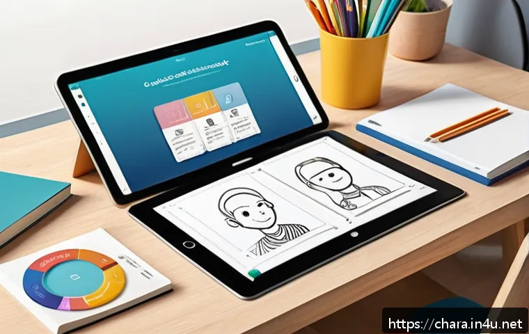 캐릭터디자인 자격증 교재 추천 - A detailed educational scene showing a beginner character design workbook open on a desk, featuring ...