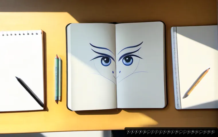 캐릭터디자인 자격증 학습에서 필요한 도구 - Photorealistic overhead view of a clean character design study desk, blank sketchbook with simple or...