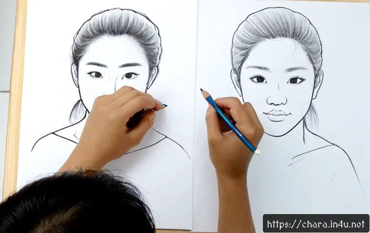캐릭터디자인에 필요한 손그림 스킬 - Photorealistic overhead view of an artist’s hands sketching an original friendly character on clean ...
